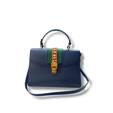 Gucci Sylvie Top Handle Leather Satchel (Navy)