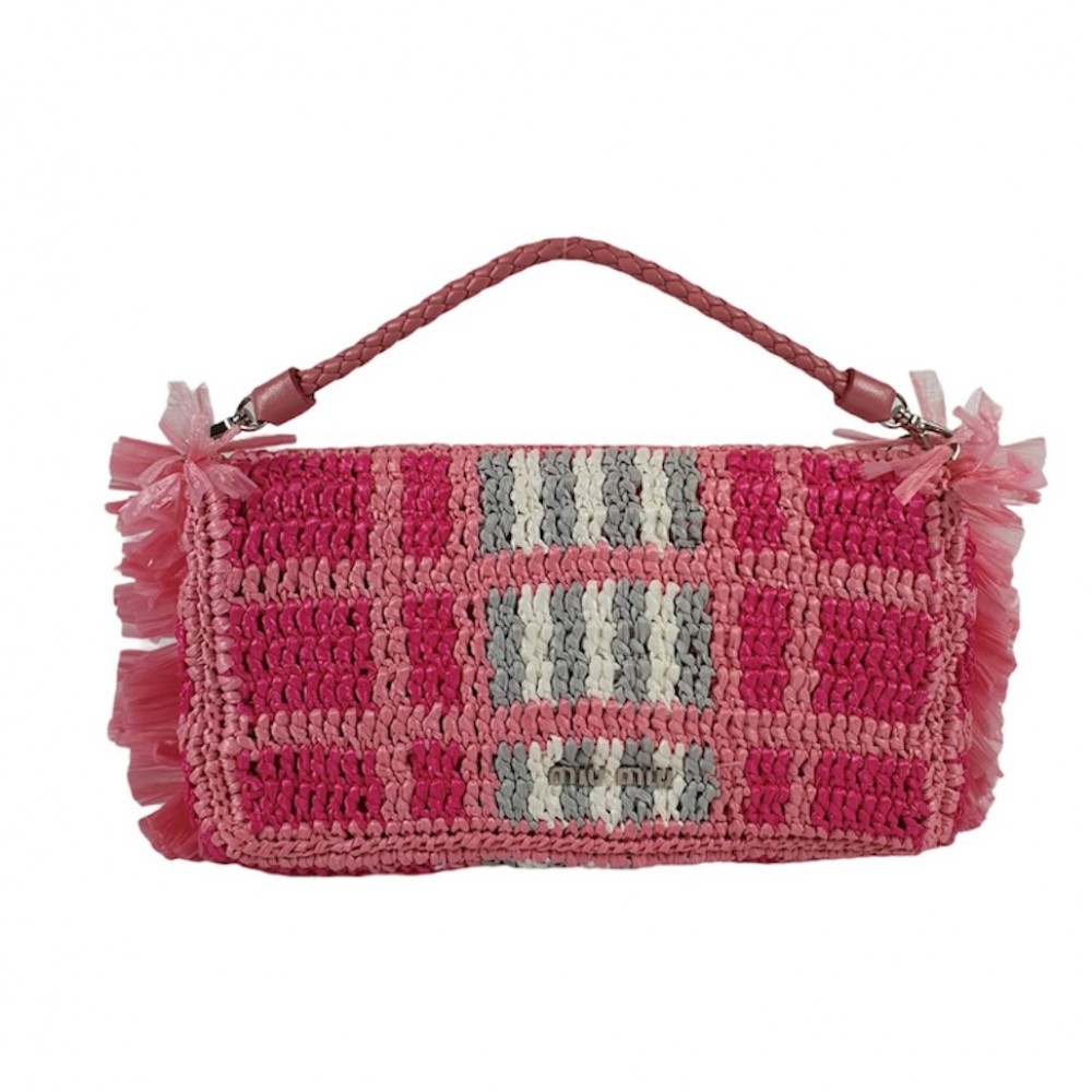 Miu Miu Women's Pink Crystal Embellished Raffia Shoulder Bag