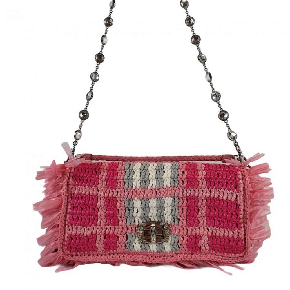 Miu Miu Women's Pink Crystal Embellished Raffia Shoulder Bag