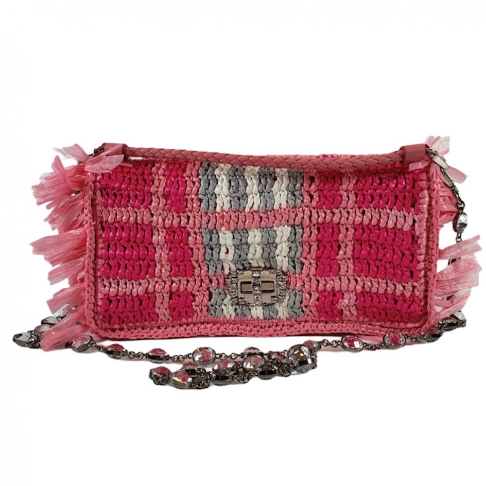 Miu Miu Women's Pink Crystal Embellished Raffia Shoulder Bag