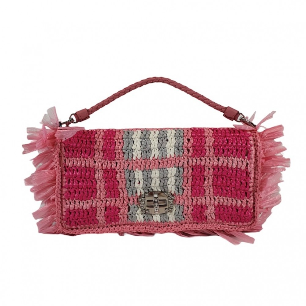 Miu Miu Women's Pink Crystal Embellished Raffia Shoulder Bag