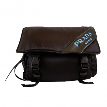 Prada Soft Puffer Black Messenger Bag with Blue Logo